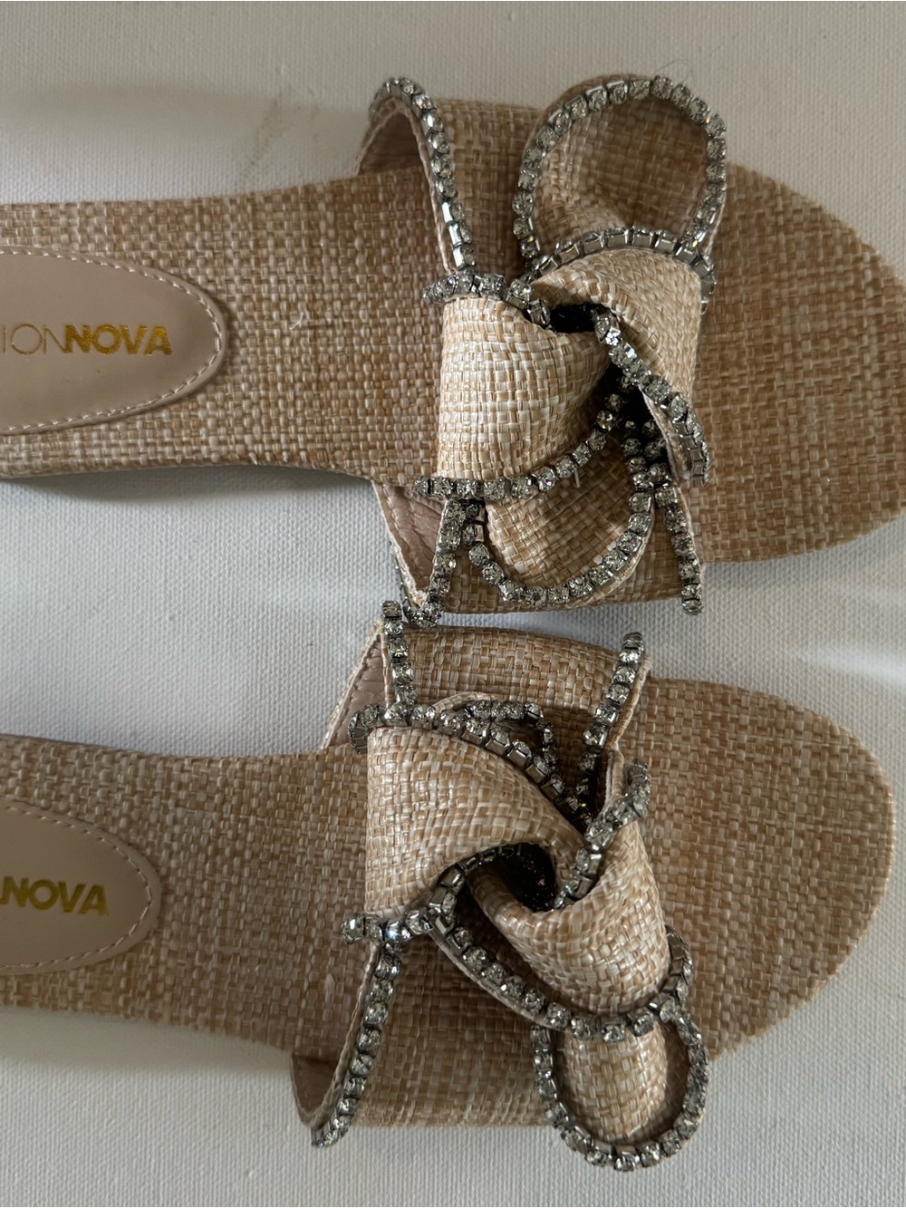 Fashion Nova Beige Woven Slide Sandals with Crystal Trim